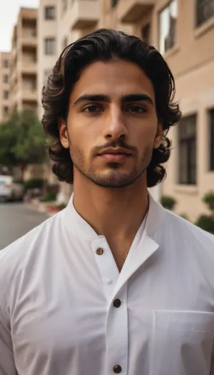 A highly realistic iPhone-style selfie of a young Middle Eastern man with warm olive skin, thick dark wavy hair, strong eyebrows, and a neatly groomed short beard. He is wearing a clean, crisp white thobe with a buttoned collar. The camera is held slightly above chest level at arm’s length, creating a natural perspective with subtle lens distortion typical of a front-facing smartphone camera.

His expression is calm and confident with a soft, relaxed gaze directly into the lens. Lighting is natural daylight, slightly diffused, with soft shadows across his face and realistic skin texture including pores and faint imperfections.

The background shows an urban street with beige apartment buildings, parked cars, and a sidewalk, softly blurred with shallow depth of field. The overall image feels candid, unedited, and authentically captured on an iPhone, with slight grain and balanced exposure.