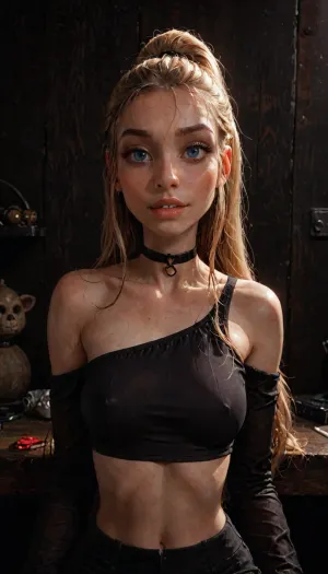 (reiq meets innv and Jack cayless art style), (Incase style:1.2), beautiful girl, blonde ponytail, very long hair, (face closeup:1.3), (narrow waist:1.1), (big black long eyelashes:.7), (bare shoulder), (black choker), bangs over eye, symmetrical blue eyes, (front view), snub nose, plumb lips, parted lips, teeth visible, half-closed eyes, perfect small breasts, (erected nipples:.8), (motion lines:1), beautiful curves of the body, realistic detailed, deep insertion, intim light, (sitting:1), skin texture, 1girls, (((solo))), (black crop silk crop longsleeve:1.5), (underboobs:1), (happy face:1.3), (seductive face:1.3), futuristic-fantasy-anime, incase, style, <lora:sd_xl_turbo_lora_v1-64dim:2>, <lora:futureistic_fantasy_anime_sdxl_v1:2>, <lora:Incase_Style__SDXL:2>, <lora:HandFineTuning_XL:.8>, <lora:dark:.4>