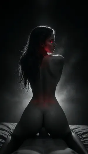 (masterpiece, best quality, photorealistic), ((monochrome:1.6)), ((black and white only:1.5)), soft firelight, heavy sweat in the air woman on all fours, ((back arched hard:1.5)), head swung back over her shoulder, long hair wild and damp, ((red glowing eyes locked on viewer:1.4)), face soaked with cum, lips parted mid-breath his cock driving into her from behind, thick, dripping, her cunt stretched wide and wet, fluids trailing between thighs camera focused at low rear angle, highlighting the arch, hair whip, and glowing stare, ((selective color, red)), <lora:ral-chrosc-bw:1>, <lora:dark:.8>