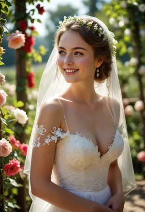 20 years old bride, smiling, Short Wedding dress, Wedding veil, very Deep neckline, Round breasts, Flowers trellis, outside, sunny, <lora:MJ52:.8>
