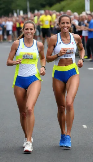 South Pembrokeshire Coast, (non-nude:1.1), (two women are running through the finish line at Ironman Wales 2025:1.4), white Caucasian, beautiful ponytail brunette hair, pretty legs, pretty feet, perfect smile, big blue eyes, jewellery, (humungous silicone breasts:1.4), (dark tanned skin:1.5), (highly athletic physique:1.9), (white, yellow vest top:1.4), (blue, white shorts:1.4), (dark casual shoes:1.4), (viewed from above:1.5)