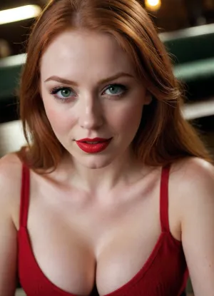 busty beauty, 25yo woman, long redhead hair, light green eyes, straight hair, shy smile, cute, red lipstick, tight wool top, deep neckline, in a pub, close view, view from above, (Ultra realistic, best quality)