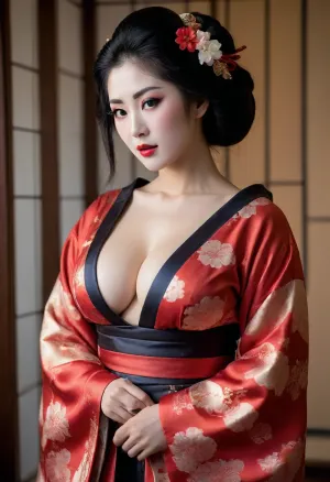 Beautiful black hair Japanese geisha, ((woman wearing Japanese geisha traditional clothing)), Japanese geisha classical beauty, (revealing her natural gigantic natural breasts:1.2), (((her breasts don't fit in dress))), side boob visible, (33 years old Japanese adult girl:.9), athletic body, hing detailed image, (gothic dress:1), (extremely long hair:1.1), ((Japanese geisha make-up))
