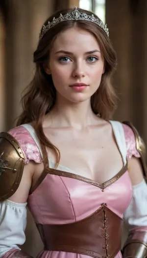 beautiful sexy slender young lady, hot sweaty pale white skin, kind soft, flirty eyes, flirty smirk, medieval princess warrior, pink white dress and brown leather armour