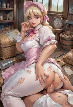 Reiq art style., (vintage picture), old abandoned barn, both characters are fully visible, can see the man's grinning face, the woman cries, Victorian white French woman 30 years old with petite figure, (She is wearing a Victorian dress, torn lace trousers, a bonnet), fucked by old fat man, fucked in the ass by big Turkish man, dick deep in ass, fucked from the spoon pose, lying on your side, supermodel, tan victorian dress, in the shed, anal sex, painted style, small perky breasts, shaved pussy, visible pussy, <lora:DonaughtX2Lora-000105:.8>, <lora:LCMTurboMix_Euler_A_fix:.8>, <lora:cartoon_stickers_xl_v1:.8>, ratatatat74, <lora:ratatatat74-000050:.8>