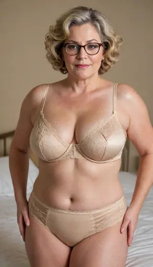 Woman, One, teacher, 55 Years old, White, round face with chubby cheeks, (detailed face), Busty, big boobs, short curly hair, hair cut to nape of neck, light blonde hair with dark roots, chubby, big wide hips, pudgy midsection, thick thighs, Full body, Standing, Closeup Portrait, Glasses, vintage tan colored satin and lace bra, underwire bra, lace trim on bra, (detailed bra), vintage tan Lycra brief panties, granny panties, lace trim waistband panties, (detailed panties)