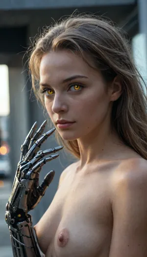 (8K, ultra detailed, photorealistic, best quality, masterpiece, cinematic lighting), woman in provocative pose, side view, slightly leaning back, dynamic posture, upper body and legs fully human, natural skin, realistic texture, elegant curves, midsection and abdomen partially open, revealing metallic spine, intricate wires, glowing circuits, small mechanical pistons and gears, biomechanical details integrated seamlessly, subtle steam and energy flows, transparent panels showing inner mechanics, neon highlights, holographic accents, robotic hands partially integrated, long flowing hair with neon streaks, glowing eyes, intense yet artistic expression, soft cinematic lighting, reflections on metallic parts, subtle motion blur on hair, slim natural body proportions, realistic human anatomy blended with cybernetics, futuristic urban city background, neon wet streets reflecting lights, cinematic depth of field, storybook cyberpunk atmosphere, provocative but fully artistic