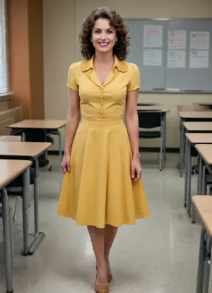stunning woman, teacher, 60 year old, curly dark brown hair, medium length hair, close cropped hair, (detailed hair), narrow face, brown eyes, narrow long pointed nose, prominent pointed chin, smiling cheeks, great cheekbones, smiling, (detailed face), detailed skin, round tits, cleavage, wearing a long button down dress with a flowing skirt, western-style yellow dress with short sleeves, (detailed dress), tan high heels, standing, narrow waist, long toned legs, full body, desk, classroom, (highly detailed, photorealistic, best quality, pov from front)