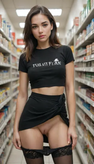 20 year old thai flash in hardware store, black lace stockings. skirt pulled up. nice pussy