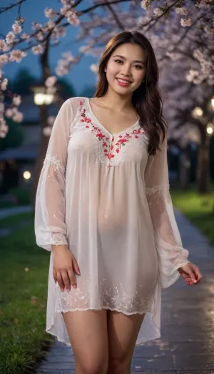 captivating Vietnamese young dark-brunette well-built Ukrainian girl, smiling, desirable plus-size breasts and thighs, loose-fitting embroidered extra long Ukrainian blouse covering knees on completely bare body, barefoot, warm summer rain, blooming cherry tree, night moon glow