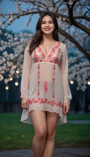captivating Vietnamese young dark-brunette well-built Ukrainian girl, smiling, desirable plus-size breasts and thighs, loose-fitting embroidered extra long Ukrainian blouse covering knees on completely bare body, barefoot, warm summer rain, blooming cherry tree, night moon glow