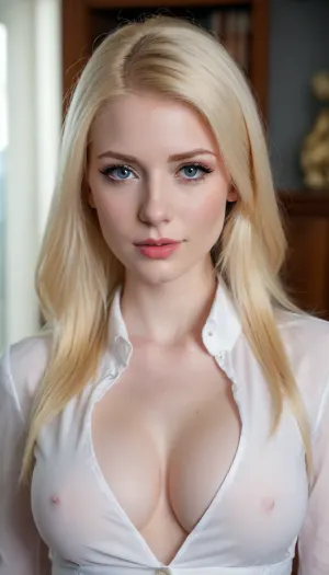 Barbie style, seductive girl, the girl I dreamed about, fatal horny cheating Barbie e-girl, seductive personal assistant, casual secretary, I am your young beauty, young beauty, young beauty in my dream, big hanging breasts, young face, busty sorority e-girl 18 y.o., seductive transparent clothes, random secretary outfit, random top, random suit, random blazer, random blouse, random dress, office boss cabinet background, tall, (pale porcelain skin:1.4), (short blond hair), (elegant hairstyle), beautiful eyes, xxx porn adult star e-girl, look at me, sexy lips, smile, big areolas, busty deeper cleavage, pouting lips, alluring yet dangerous, close up viev, dark sapphic glamour, look at my eyes, dramatic lighting., e-girl, ponychar3-RBSYPV3, curvaceous2, long, hair, looking, at, viewer, burgundy, blue, eyes, mole, portrait, freckles, realistic, <lora:ponychar3-0-RBSYPV3:2>, <lora:d93a6ebc-66a6-4e50-b45d-e3807ae55b35.TA_trained:.8>, <lora:Pussy_pants_nohands_D03_realvizXL2_bucket_01-000010:.8>