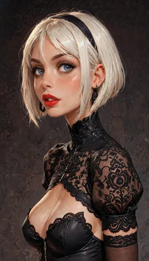 2B nier, automata Style, 1girl, upper body, black earrings, black eyeliner, red lipstick, hair behind ear, hair Bob cut, black hairband, white hair, jewelry, looking sensual, black makeup, cleavage, perfect breasts, (small breast), plumb lips, parted lips, teeth visible, (dark red simple background:1), puffy shoulders, white long gloves, black dress, leotard, lace, half-side view, futuristic-fantasy-anime, incase style, reiq style, jack cayless, <lora:sd_xl_turbo_lora_v1-64dim:.8>, <lora:futureistic_fantasy_anime_sdxl_v1:1.6>, <lora:Incase_Style__SDXL:.8>