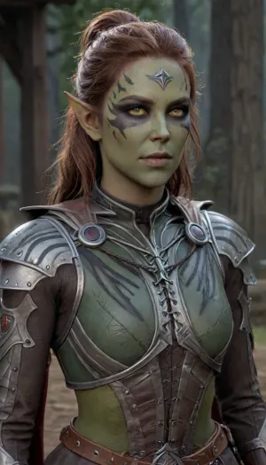 (Masterpice), (HD4K visual), (detailed background), 4K ultra-detailed image, HDR, enhancement, professional photography, green face, detailed green face, precise anatomy, (perfect body symmetry), (5 fingers per hand), maximum resolution, sharp focus, NSFW, (((Lae'zel from Baldur's Gate 3))), (Lae'zel is a Githyanki Fighter with green skin), (((green skin))), (brown face markings), nerrow face, narrow sunken in cheeks, long brown hair in a bun, long pointed green ears, slim frame, tall, medium breasts, resting bitch face expression, in her Githyanki metal armor, standing in a small campsite, laezel, realistic, Lae-zel, silver, armor, brown, hair, long, pointy, ears, shoulder, eyes, facepaint, facial, mark, dark, skin, Dark, Fantasy, page, <lora:isobel-000010:1.4>, <lora:Real_Lae_zel_SDXL_v1.0:2>, <lora:Dark Fantasy:1.4>