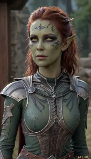 (Masterpice), (HD4K visual), (detailed background), 4K ultra-detailed image, HDR, enhancement, professional photography, clear green face, detailed green face, precise anatomy, (perfect body symmetry), (5 fingers per hand), maximum resolution, sharp focus, NSFW, (((Lae'zel from Baldur's Gate 3))), (Lae'zel is a Githyanki Fighter with green skin), (((green skin))), (brown face markings), nerrow face, narrow sunken in cheeks, long brown hair in a bun, long pointed green ears, slim frame, tall, medium breasts, resting bitch face expression, in her Githyanki metal armor, standing in a small campsite, laezel, realistic, Lae-zel, silver, armor, brown, hair, long, pointy, ears, shoulder, eyes, facepaint, facial, mark, dark, skin, Dark, Fantasy, page, <lora:isobel-000010:1.4>, <lora:Real_Lae_zel_SDXL_v1.0:2>, <lora:Dark Fantasy:1.4>