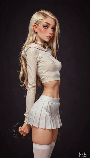 (reiq meets innv and Jack cayless art style), (Incase style:1.2), beautiful girl, blonde hair, very long hair, (narrow waist:1.1), (athletic body:1.4), (skinny legs:1.1), symmetrical blue eyes, snub nose, plumb lips, parted lips, teeth visible, half-closed eyes, perfect small breasts, (erect puffy nipples:.9), (motion lines:1.8), beautiful curves of the body, realistic detailed, deep insertion, intim light, (simple dark background:1.8), skin texture, 1girls, (((solo))), (oiled skin:1.1), ((low-waisted white pleated mini skirt:1.3)), (white socks), (white skirt), (White over-thigh socks:1.4), (white choker), ((white tight cropped hoodie:1.4)), (underboobs:.7), (side view), (front view), futuristic-fantasy-anime, incase, style, <lora:sd_xl_turbo_lora_v1-64dim:2>, <lora:futureistic_fantasy_anime_sdxl_v1:2>, <lora:Incase_Style__SDXL:2>, <lora:HandFineTuning_XL:.8>