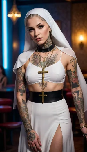 Full body shot of a young beautiful tattooed nun with a modern twist. She wears traditional nun attire with a white veil, her hands adorned with intricate tattoos. Her expression is defiant. Action dramatic pose. She wears a large gold cross necklace, adding a bold religious symbol to the image. Background of night club interior with neon light. The lighting is moody and dramatic, with detailed shading