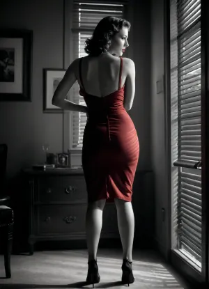 Film noir style, black and white photography, (red lickstick), dramatic shadows, Venetian blind lighting, mysterious mood, vintage dress, classic Hollywood glamour, stockings, back to camera, turned away from camera, massive ass, cleft visible through sheer dress