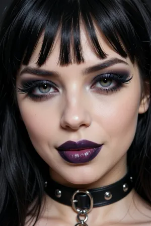 a goth woman wearing a leather choker with a sultry bdsm dominatrix aesthetic, full lips with soft pillowy creases wearing deep purple lipstick so dark it's almost black, her lips are quirked in a sexy smug smirk with a smokey expression, long ink-black hair with thick rounded bangs and fringe framing her soft round face, flawless goth-style makeup with intense kohl eyeshadow and thick winged eyeliner contrasting with her porcelain skin, focused on her huge doe eyes with thick feathery false eyelashes