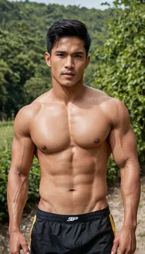 A man, 25 years old, young, Malay, handsome, muscular physique with a chiseled chest, mesomorph body type, fair-skinned, black hair, short hair, his body glistens with sweat, shirtless.

Wearing a speedo underwear.

Confident facial expression.

In a village, on a sunny day.