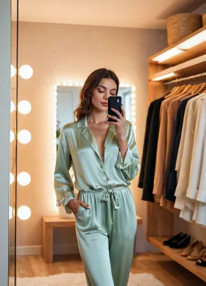 A masterpiece, top-notch quality, ultra-high detail, a realistic lifestyle-style photo in the mirror, (selfie), . A candid shot with soft, natural morning light. Composition, a realistic full-length selfie featuring an incredibly attractive Instagram model. She stands directly in front of a huge, minimalist floor-to-ceiling mirror in her stylish and luxurious walk-in closet, holding a smartphone to take a photo of her outfit for her “Stories.” The girl has tilted her head slightly, looking at the phone screen in the reflection with a soft, confident half-smile. The smartphone rests elegantly in her right hand, partially obscuring the center of her face, her hand is rendered with anatomically flawless detail, five clearly defined, slender fingers and a neat, natural manicure. Outfit and skin, She is wearing a premium, loose-fitting silk loungewear set in creamy pastel tones, consisting of a partially unbuttoned silk blouse and wide-leg pants. The unbuttoned collar elegantly reveals the upper part of her chest, her graceful collarbones, and her smooth neck. Background in the reflection, The mirror reveals a bright, tidy, minimalist-style walk-in closet with open clothing shelves, warm, stylish lighting, and a bouquet of pampas grass in a ceramic vase in the corner. Soft bokeh, authentic social media aesthetics, high resolution