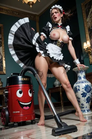 Hyper-realistic digital photo, high-octane chaotic energy, dynamic low-angle perspective. A standing maid in a detailed traditional black and white fabric uniform, very low cut, massive cleavage, dress violently blown upward by an intense gust of wind from a large vintage vacuum cleaner. Explicitly detailed pubic hair and exposed vulva, legs sliding backward on a polished, reflective marble floor. The maid is gripping an ornate porcelain vase for balance, expression of intense strain, deep crimson blush on cheeks. The vacuum cleaner is a ‘HENRY’ red body and black top with a happy smiling face painted on the chassis whose eyes are looking upwards looking at the maids dress. Vibrant color palette with high contrast, cinematic lighting, sharp focus, 8k resolution, trending on ArtStation. Chiaroscuro