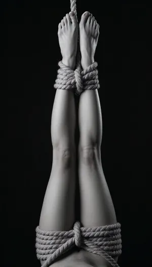 ultra realistic black and white fine art studio photograph, vertical portrait composition against an absolutely seamless pure black background, only the lower legs and bare feet of one adult woman, 28 years old, visible in the frame, body positioned upside down outside the upper crop, both legs hanging perfectly together along the central vertical axis, knees extending downward toward the lower third of the image, calves symmetrical and gently muscular, smooth realistic skin, feet pressed closely together at the top of the visible anatomy, soles and toes oriented upward, ankles and lower shins wrapped with numerous dense horizontal turns of thick natural fiber rope, approximately ten to twelve overlapping coils forming a broad compact rope band, rough twisted rope texture rendered with extreme clarity, a single taut rope continuing vertically upward from the bound ankle area and disappearing through the top edge of the frame, deliberately neutral conceptual fine art presentation rather than erotic staging, legs isolated completely from any surrounding environment, very controlled low key studio lighting from slightly camera left, razor thin silver rim light tracing the left contours of feet, ankles, calves and knees, softer narrow highlight along the opposite contour, central surfaces falling into rich charcoal gradients, deep blacks with almost no shadow detail beyond the body, subtle specular highlights on skin, realistic pores and tiny tonal imperfections, strong sculptural modeling, extremely high local contrast, crisp focus from feet through knees, no visible grain except subtle photographic texture, symmetrical minimalist composition, elegant negative space surrounding the figure, 85 mm lens appearance, ISO 100, f 8 studio sharpness, dramatic museum quality monochrome photography, glossy gelatin silver print character