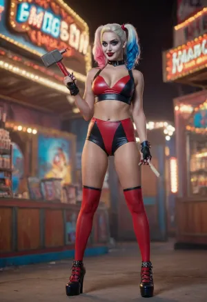 sexy woman with high heels and body paint in a harley quinn style holding a carnival hammer. very tight short shorts and a top that is busting open