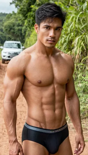 A man, 25 years old, young, Malay, handsome, muscular physique with a chiseled chest, mesomorph body type, fair-skinned, black hair, short hair, his body glistens with sweat, shirtless.

Wearing a speedo underwear.

Confident facial expression.

In a village, on a sunny day.