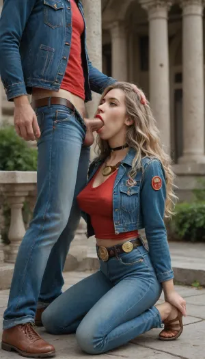 photo of beautiful 1woman and 1man 22 years, (1man in denim jacket with long sleeve and jeans and red tank shirt and male medallion with belt:1.4), the women make blowjob to man with attactive face, show full body, women kneeling and doing blowjob to full clothes stranger man, kneeling, squatting, bent over waist, (blowjob:1.4), very long silky platinum blonde long wavy hair, blue eyes, red lipstick, choker, wear denim jacket with long sleeve and jeans and sexy with belt full body view, natural sagging medium tits, big areolas, (natural sagging medium breasts:1.3), extra_wide_hips, Slightly body, (arch back chest thrust out), (legs wide open standing), standing walking in living public, best quality, ultra-detailed, masterpiece, finely detail, highres, 8k wallpaper, thick athletic sharp, textured skin, perfect body, gorgeous face, beautiful face, see-through, leotard, shadow of lite smile, random sides view, back view, frontal view, outdoor, one leg stand on Bordüre, sharp contrast lighting, green, eyes, blue, brown, perfecteyes, woman, sucking, a, cock, <lora:PerfectEyesXL:2>, <lora:detailed_notrigger:2>, <lora:WTS - WhatTheSuck - v1:2>