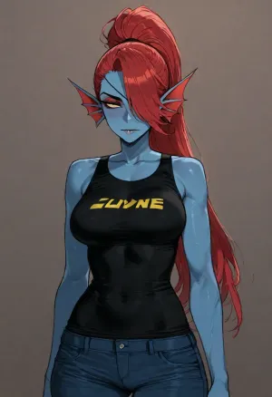 (Ratatatat74), (undyne), simple background, <lora:ratatatat74-000050:.8>