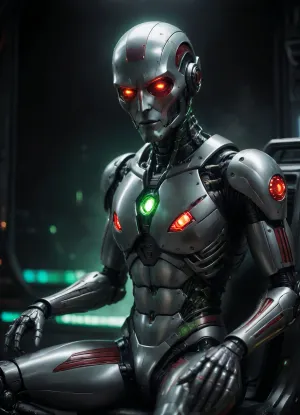 an award winning photograph of a MALE ROBOT, tall, silver body, black POINTED shiny head, big red eyes, glowing, green stripes, long dark red legs, black zig zags, shiny, cock, black, erectgold halo, ROBOT, intricate cyberpunk robot, in space ship, sitting in chair, star trek style, highly detailed, soft bokeh Deep space nebula background, art by mooncryptowow and popular science, full length photo, <lora:WowifierXL-V2:.8>, cyber punk control panel, glowing, dark, chiaroscuro, low-key, <lora:zavy-cntrst-sdxl:.8>