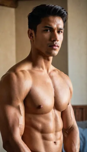 A man, 25 years old, young, Malay, handsome, muscular physique with a chiseled chest, mesomorph body type, fair-skinned, black hair, short hair, his body glistens with sweat, shirtless.

Wearing a speedo underwear.

Confident facial expression.

In a village, on a sunny day.