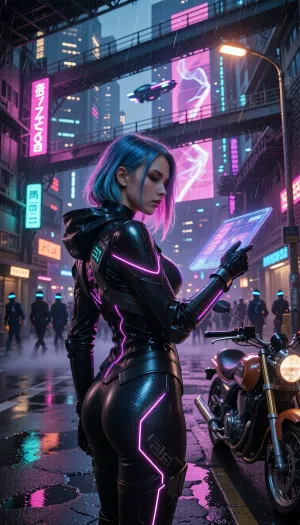 A young woman stands beneath a flickering holo‑banner, her hair dyed a gradient of electric blue fading into neon pink, each strand catching the ambient glow like liquid glass. She wears a form‑fitting exosuit of matte black carbon fiber panels overlaid with iridescent circuitry that pulses with a soft violet light, the material reflecting the rain‑slick streets in fractured shards. Her pose is half‑turned, left shoulder slightly raised, as she extends a gloved hand toward a floating transparent tablet that projects a cascade of holographic data, her eyes narrowed with focused determination. A thin mist of rain clings to the edge of her coat, droplets forming tiny prisms that scatter neon pink and cyan across the surface of the nearby puddle. In the foreground, a rust‑colored motorcycle with chrome accents rests against a cracked curb, its headlights casting thin amber streaks that intersect the wet asphalt. The middle ground reveals a bustling alley crowded with silhouetted pedestrians wearing luminous visors, their hurried steps stirring up steam from underground vents. Overhead, a network of multi‑level skyways crisscrosses the scene, their steel girders illuminated by scrolling Japanese kanji and English slogans in bright magenta and teal, each sign dripping with rain‑soaked reflections. Flying cars glide silently above, their sleek hulls leaving faint trails of phosphorescent light that echo the city’s pulsating heartbeat. The background stretches into a sprawling cyber‑punk megacity, towering skyscrapers sheathed in glass and neon, their façades etched with intricate circuit‑like patterns that catch the occasional flash of distant thunder. Neon light from a colossal billboard washes the whole scene in a cold, violet‑tinged glow, while a nearby streetlamp adds a soft, warm rim of orange that outlines the girl’s silhouette. A constant drizzle creates a veil of fine mist that hovers in the air, catching particles of light and giving the atmosphere a humid, oppressive feel, while the wet pavement mirrors the kaleidoscope of colors above. The composition follows a wide shot framing, placing the girl off‑center according to the rule of thirds, with the neon signs and skyways forming leading lines that draw the viewer’s eye from the foreground motorcycle up to the soaring cityscape. The camera perspective mimics a 24mm wide‑angle lens with an aperture of f/1.8, producing a moderate depth of field that keeps the subject sharp while allowing the distant skyline to retain a subtle softness, and a slight film grain adds texture to the night scene. The overall mood is ominous, the combination of relentless rain, cold neon illumination, and the girl’s steely resolve suggesting a narrative of survival in a hyper‑connected, unforgiving future.