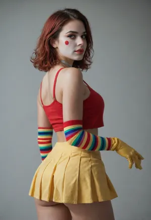 A studio photo of a woman with huge brests and round ass in stylized Ronald McDonald cosplay, looking back over her shoulder with a serious expression. She has red medium-length hair, white clown face paint, a red clown nose, and dark tear-streaked eye makeup. Wearing a yellow crop top with red-and-white striped arm warmers, a single yellow glove, a white choker, and a yellow pleated mini-skirt with red tabs. Soft studio lighting, neutral two-tone grey wall background, clean editorial fashion portrait photography, shot on 35mm lens
