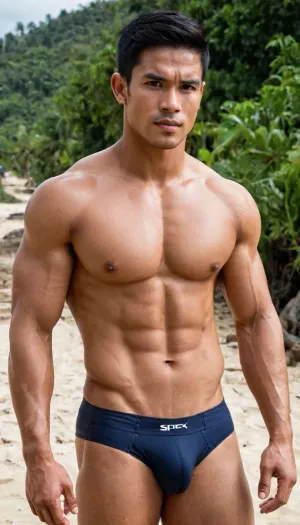 A man, 25 years old, young, Malay, handsome, muscular physique with a chiseled chest, mesomorph body type, fair-skinned, black hair, short hair, his body glistens with sweat, shirtless.

Wearing a speedo underwear.

Confident facial expression.

In a village, on a sunny day.