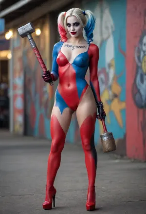 VERY sexy woman with high heels and full body paint in harley quinn style holding a carnival hammer. nipples seen through body paint.