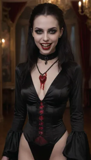 (girl Looks like a vampire queen, smiling, veiny skin, visible pussy, 2 long sharp teeth fangs, very pale skin, strong gothic makeup:1.5), (mini, wet, slim, very tightly fitted, sexy, short, crop, nylon, tight, satin, transparent, gothic style costume:1.6), slight smile, candle lighting, (ball gown, deep cleavage), (big nude tits out), (holding in hand a bloody human heart:1.4), elite high class ball, beautiful victorian ball room, large ball room lined with expensive paintings, photorealistic, intricate detail, depth of field, striking eyes, captivating eyes, (veiny skin:1.5), mesmerizing eyes, glittering eyes, porcelain skin, elegant neck, wide eyes, narrow defined jawline, high defined cheekbones, (full body view:1.5), titsqueeze, fangs, cockbiting, bitingshaft, vampirebiting