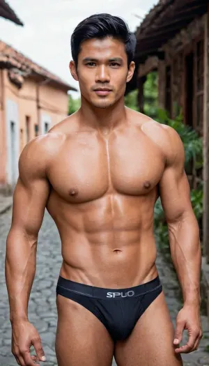 A man, 25 years old, young, Malay, handsome, muscular physique with a chiseled chest, mesomorph body type, fair-skinned, black hair, short hair, his body glistens with sweat, shirtless.

Wearing a speedo underwear.

Confident facial expression.

In a village, on a sunny day.