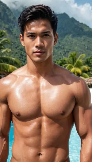 A man, 25 years old, young, Malay, handsome, muscular physique with a chiseled chest, mesomorph body type, fair-skinned, black hair, short hair, his body glistens with sweat, shirtless.

Wearing a speedo underwear.

Confident facial expression.

In a village, on a sunny day.