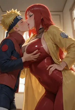 masterpiece, high detailed, (Glossy liner anime style), clear and light frame, (1 woman, Kushina Uzumaki from Naruto, long red hair, red outfits, fishnet halter, hourglass figure body, 36 years old, eyeshadow, milf, giant woman), (1 boy, Naruto_Uzumaki, yellow hair, yellow coat, headband with Konoha emblem, adult tiny boy), (mother and son, taboo relationship), woman holding boy's waist, (height difference, tall woman and small boy), side view, below view, deep field shot, backlight, hetero, woman bend forward to kissing the boy, waist, bend over, mouth to mouth, wet kiss, (small boy grabbing woman's breasts)