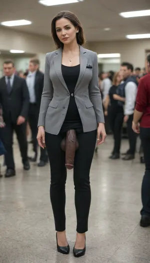 35-year-old futanari teacher with an erect black and pink horse dick and black saggy large testicles is dressed in a pantsuit and stilettos stand near first-grade girl in crowded office, conducts a lecture at the power point, facing the audience, horse dick, people, strict facial expression, full height.

High realism and detail, 8K, masterpiece