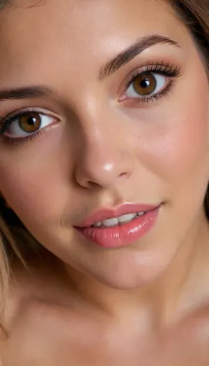 21 YEAR OLD SPAIN BIMBO SLUT, IN FRONT OF VIEWER, VERY EXTREMELY EXTREMELY CLOSE UP, FACE & BREASTS DIRECTLY IN VIEWERS FACE, FACE TO FACE, DIRECTLY IN FRONT OF VIEWER, LARGE BIG BOOBS, VERY CLOSE UP, BENDING FORWARD, BRIGHT FACE, VERY TANNED SKIN, GOOD LIGHTING, LONG NATURAL BROWN HAIR, BIG BROWN EYES, BIG BIMBO LIPS, SMILING, SLUT, PERFECT FACE