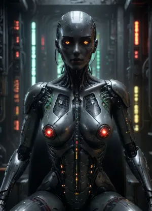 an award winning photograph of a ROBOT, tall, silver body, black POINTED shiny head, big red eyes, green stripes, big tits, long dark red legs, black zig zag circuit boards, ROBOT, intricate cyberpunk robot, in space ship, sitting in chair, star trek style, highly detailed, soft bokeh Deep space nebula background, art by mooncryptowow and popular science, full length photo, <lora:WowifierXL-V2:.8>, cyber punk control panel, circuit boards on panel, chiaroscuro, low-key, <lora:zavy-cntrst-sdxl:.8>, glowneon, sparks, lightning, cyberpunk, <lora:CyberPunkAIp:.8>, neotech, glowing, scifi, <lora:NeoFuturisticTechXL:.8>, circuitboard, dark, futuristic, <lora:Dark_Futuristic_Circuit_Boards:.8>