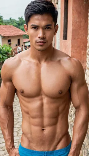 A man, 25 years old, young, Malay, handsome, muscular physique with a chiseled chest, mesomorph body type, fair-skinned, black hair, short hair, his body glistens with sweat, shirtless.

Wearing a speedo underwear.

Confident facial expression.

In a village, on a sunny day.