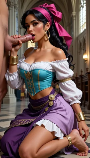High resolution cartoon image of beautiful young woman Esmerelda, wearing An off-the-shoulder, long-sleeved peasant top that exposes the collarbones and a bit of the cleavage, A waist-cinching turquoise bodice decorated with vertical gold stripes, A long, flowy lavender-colored skirt layered with a white petticoat, paired with a dark purple hip sarong or waist scarf featuring gold trimming and coin details, A wide, voluminous pink or fuchsia ribbon/headscarf tied back in her raven-black hair, Large gold hoop earrings, a thick gold cuff bracelet on her left wrist, thinner bangle bracelets on both wrists, and a matching gold anklet on her left ankle, kneeling in Notre Dame cathedral sucking a man’s enormous dick