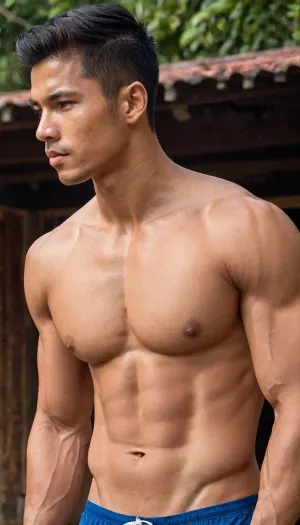 A man, 25 years old, young, Malay, handsome, muscular physique with a chiseled chest, mesomorph body type, fair-skinned, black hair, short hair, his body glistens with sweat, shirtless.

Wearing a speedo underwear.

Confident facial expression.

In a village, on a sunny day.