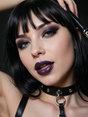 a goth woman wearing a leather choker with a sultry bdsm dominatrix aesthetic in a coyly seductive pose, full lips with soft pillowy creases wearing deep purple lipstick so dark it's almost black and a very subtle metallic sheen, her lips are quirked in a sexy smug smirk with a sultry expression of intense desire, long ink-black hair cut with thick bangs framing her innocent looking soft face with round and plump features, flawless goth-style makeup with intense kohl eyeshadow and thick winged eyeliner contrasting with her porcelain skin, she reaches up with to suggestively pull on the leash attached to her neck