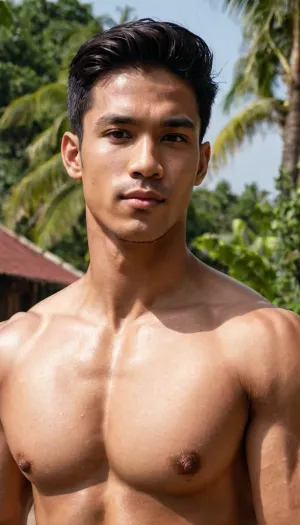 A man, 25 years old, young, Malay, handsome, muscular physique with a chiseled chest, mesomorph body type, fair-skinned, black hair, short hair, his body glistens with sweat, shirtless.

Wearing a speedo underwear.

Confident facial expression.

In a village, on a sunny day.
