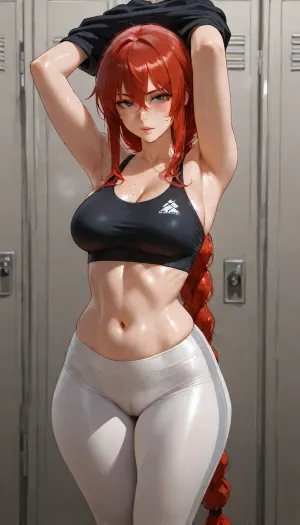 Original character, named Daisy, (photo realistic), (masterpiece), (high resolution), (maximum detail), (score_9), Latina, 18, petite, fit toned body, narrow face, beautiful face, natural light makeup, green eyes, almond shaped eyes, ((freckles on face)), ((excessively long red hair in a braided ponytail)), ((hyper long hair)), ((hair goes past her knees)), natural large breasts, ((freckles on breasts)), locker room, (sports bra, athletic leggings, extra sweaty), ((getting undressed, arms over her lead lifting sports bra, sports bra being removed, legs together)), ((cameltoe)), ((hidden viewer, voyeur viewer))